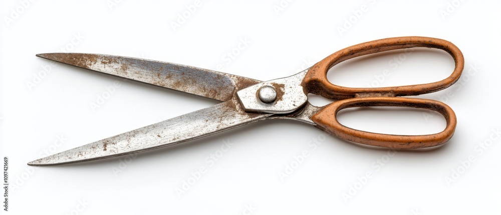 Old metal scissors with brown handles, perfect for crafting tasks Old metal scissors with brown handles, perfect for crafting tasks