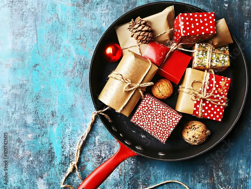 New Year's colorful gifts in a pan. Blue background. Christmas atmosphere.