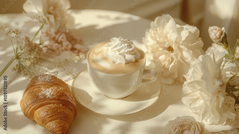 Cozy Morning Scene with Coffee Cup and Croissant Surrounded by Delicate Flowers and Soft Shadows, Perfect for a Culinary or Lifestyle Photographic Collection Cozy Morning Scene with Coffee Cup and Croissant Surrounded by Delicate Flowers and Soft Shadows, Perfect for a Culinary or Lifestyle Photographic Collection