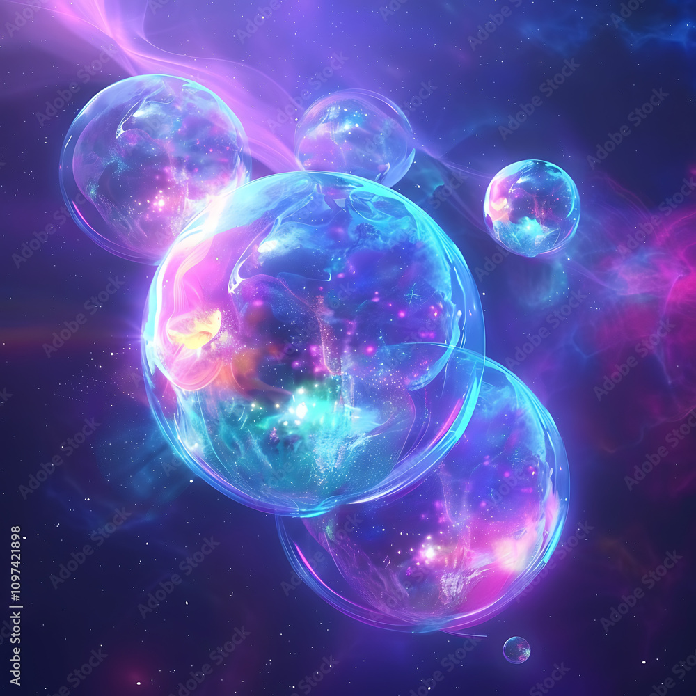 Abstract Cosmic Bubbles with Colorful Swirls and Glowing Light in a Deep Space Background, Capturing the Essence of the Universe's Mysteries and Beauty Abstract Cosmic Bubbles with Colorful Swirls and Glowing Light in a Deep Space Background, Capturing the Essence of the Universe's Mysteries and Beauty
