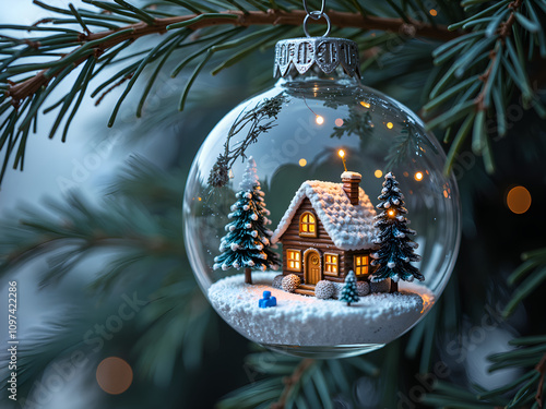 Charming snowy cottage inside a glass christmas ornament, photography of still life concept.