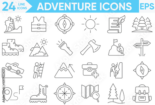 Adventure line icon set. Containing climb, mountains climber and more. Solid vector icons collection.vector and illustrator set.