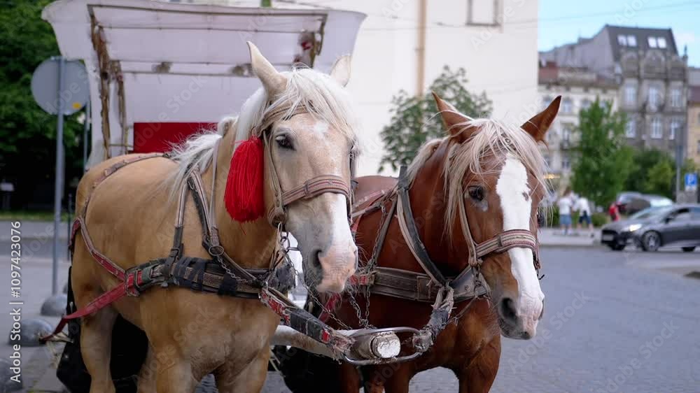 Two Brown Horses Stand in a Team Harnessed to a Cart on a City Street. Excursion or horse-drawn carriage. Close-up, horses chewing. Working horses, animals. Blurred background. Tourism business. Two Brown Horses Stand in a Team Harnessed to a Cart on a City Street. Excursion or horse-drawn carriage. Close-up, horses chewing. Working horses, animals. Blurred background. Tourism business.