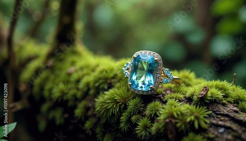 Aquamarine Ring on Mossy Rainforest Roots photo