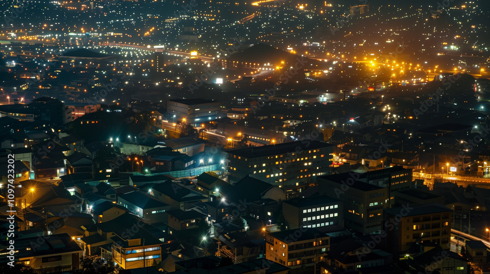 Fototapeta premium Urban cityscape at night showcasing illuminated streets and buildings with vibrant lighting