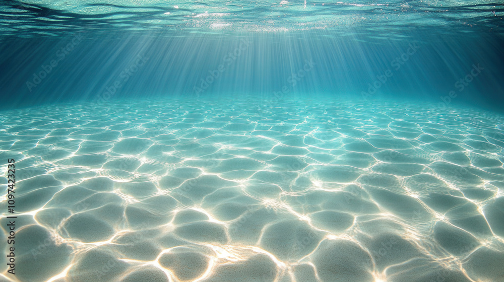 Underwater scene showcasing serene blue ocean surface with sunlight filtering through, creating beautiful patterns on sandy bottom Underwater scene showcasing serene blue ocean surface with sunlight filtering through, creating beautiful patterns on sandy bottom
