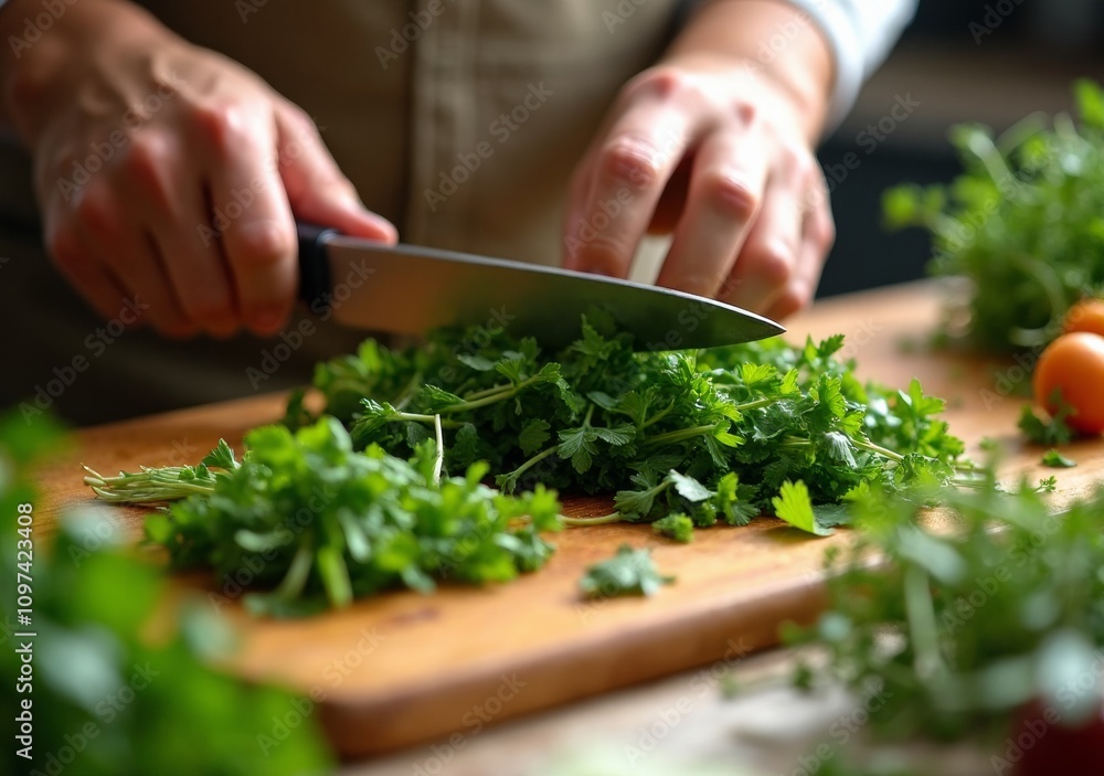 Preparing fresh herbs on a wooden cutting board in a bright kitchen Preparing fresh herbs on a wooden cutting board in a bright kitchen