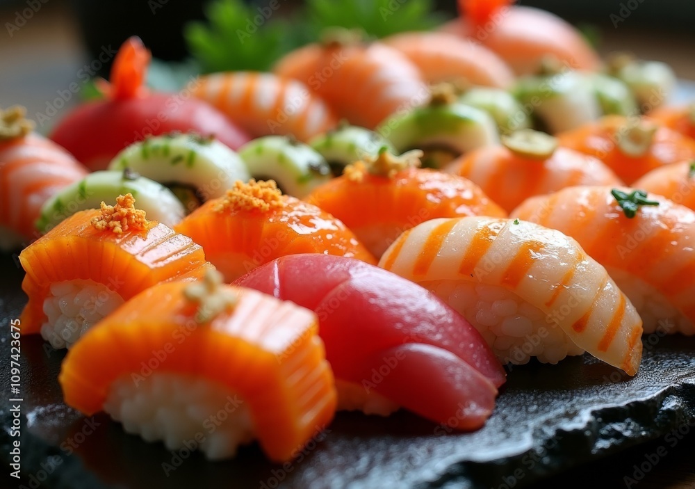 Fresh sushi assortment displayed on a black stone plate with vibrant colors and textures Fresh sushi assortment displayed on a black stone plate with vibrant colors and textures