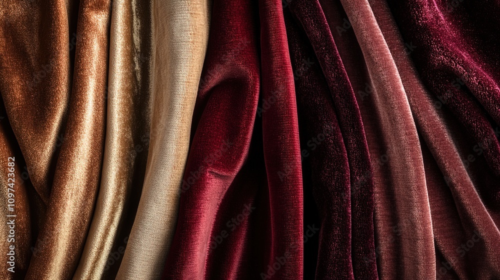 Obraz premium Close-up of luxurious velvet fabric in various shades of red, brown, and beige.