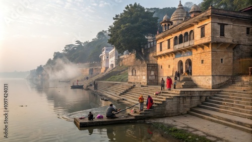 Riverside Choultry with Steps and Monks by Calm Riverbank photo