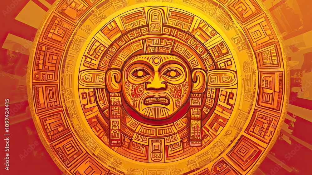 Aztec-Inspired Illustration of a Detailed Face with Geometric Patterns Aztec-Inspired Illustration of a Detailed Face with Geometric Patterns
