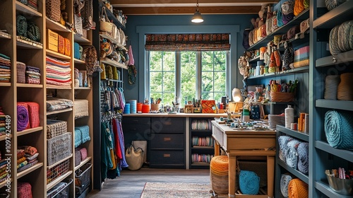 Organized craft room with shelves filled with colorful fabrics, yarn, and supplies.