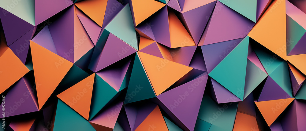 Obraz premium A background of geometric shapes in various shades of purple, orange, and teal, creating an abstract design with sharp angles and vibrant colors, generative AI