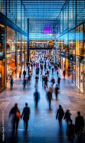 Busy modern shopping mall interior with blurred shoppers.