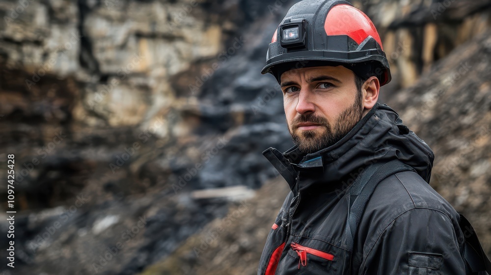 Focused Male Worker in Safety Gear Standing in an Industrial Environment with Rock Formation and Rough Terrain in Background, Conveying Determination and Expertise Focused Male Worker in Safety Gear Standing in an Industrial Environment with Rock Formation and Rough Terrain in Background, Conveying Determination and Expertise