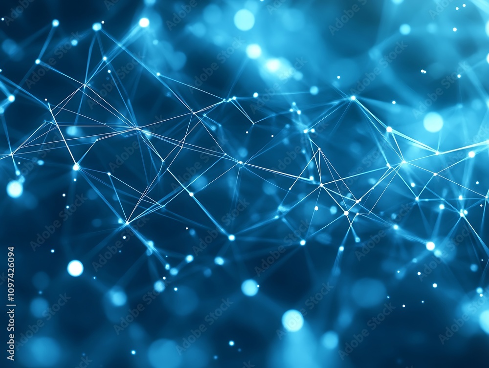 Futuristic low-poly geometric abstract design with blue wireframe and glowing orange network connections Futuristic low-poly geometric abstract design with blue wireframe and glowing orange network connections