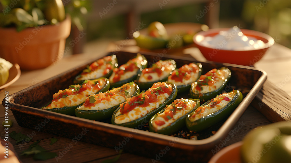 Delicious stuffed jalapeño peppers filled with cheese and topped with fresh diced tomatoes, served in a baking tray, perfect for a spicy culinary delight. Delicious stuffed jalapeño peppers filled with cheese and topped with fresh diced tomatoes, served in a baking tray, perfect for a spicy culinary delight.