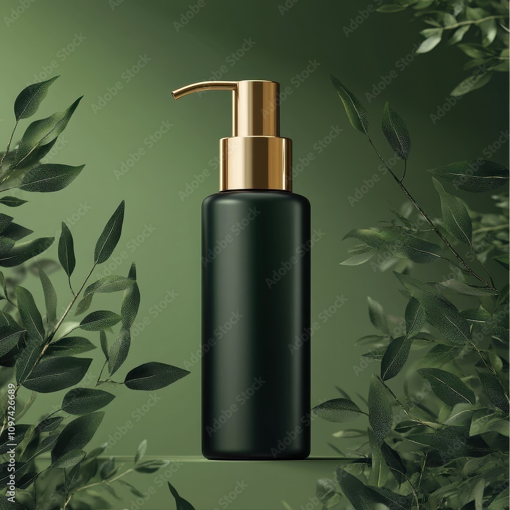 Luxury Dark Green Pump Bottle with Golden Dispenser on Botanical Background Luxury Dark Green Pump Bottle with Golden Dispenser on Botanical Background