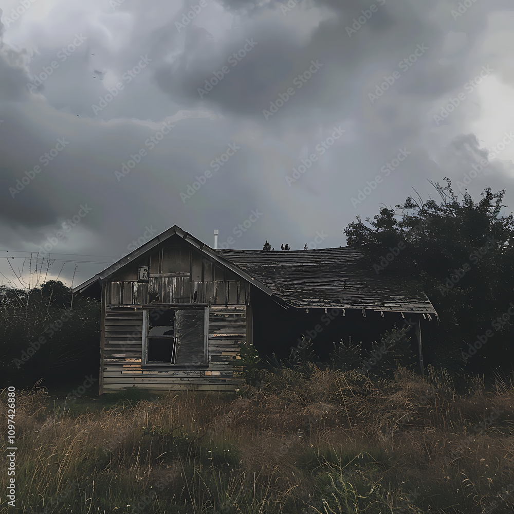 Weathered Abandoned House Surrounded by Overgrown Grass Under Dark Stormy Clouds Weathered Abandoned House Surrounded by Overgrown Grass Under Dark Stormy Clouds