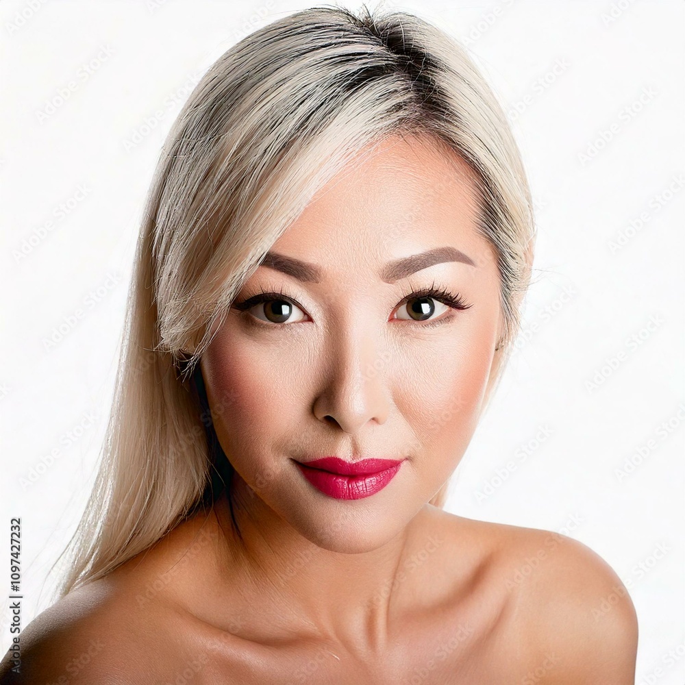 Close-up of a fair-skinned, makeup-wearing Asian woman in her 50s with long blonde hair and flawless, fresh skin, set against a white background in a studio portrait. Close-up of a fair-skinned, makeup-wearing Asian woman in her 50s with long blonde hair and flawless, fresh skin, set against a white background in a studio portrait.