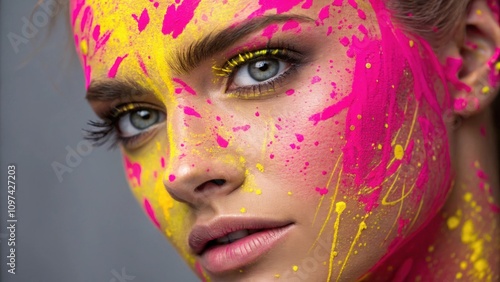 A vibrant portrait that exhibits a face splattered with neon pink and bright yellow paint forming a bold abstract design. The models expressive eyes framed by long lashes stand photo