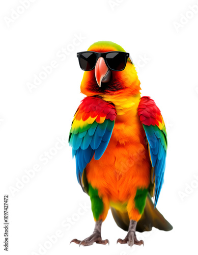 A parrot wearing sunglasses isolated on white background. Suitable for marketing or business purposes.PNG file photo