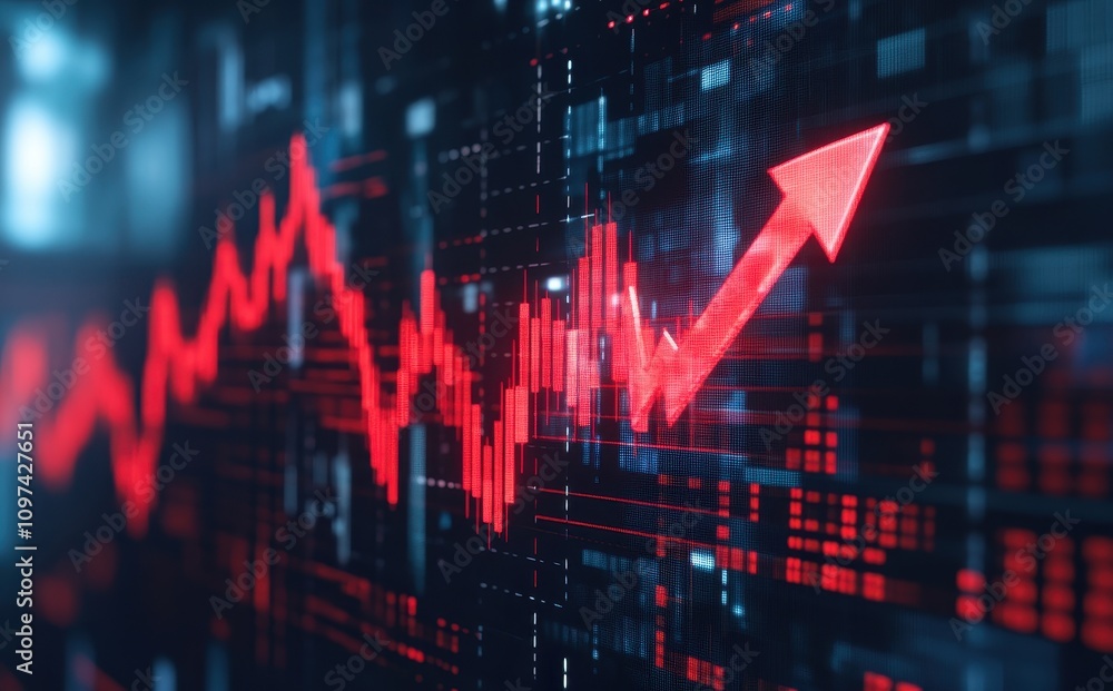 Rising Red Arrow on Stock Market Graph Indicating Growth and Trends Rising Red Arrow on Stock Market Graph Indicating Growth and Trends