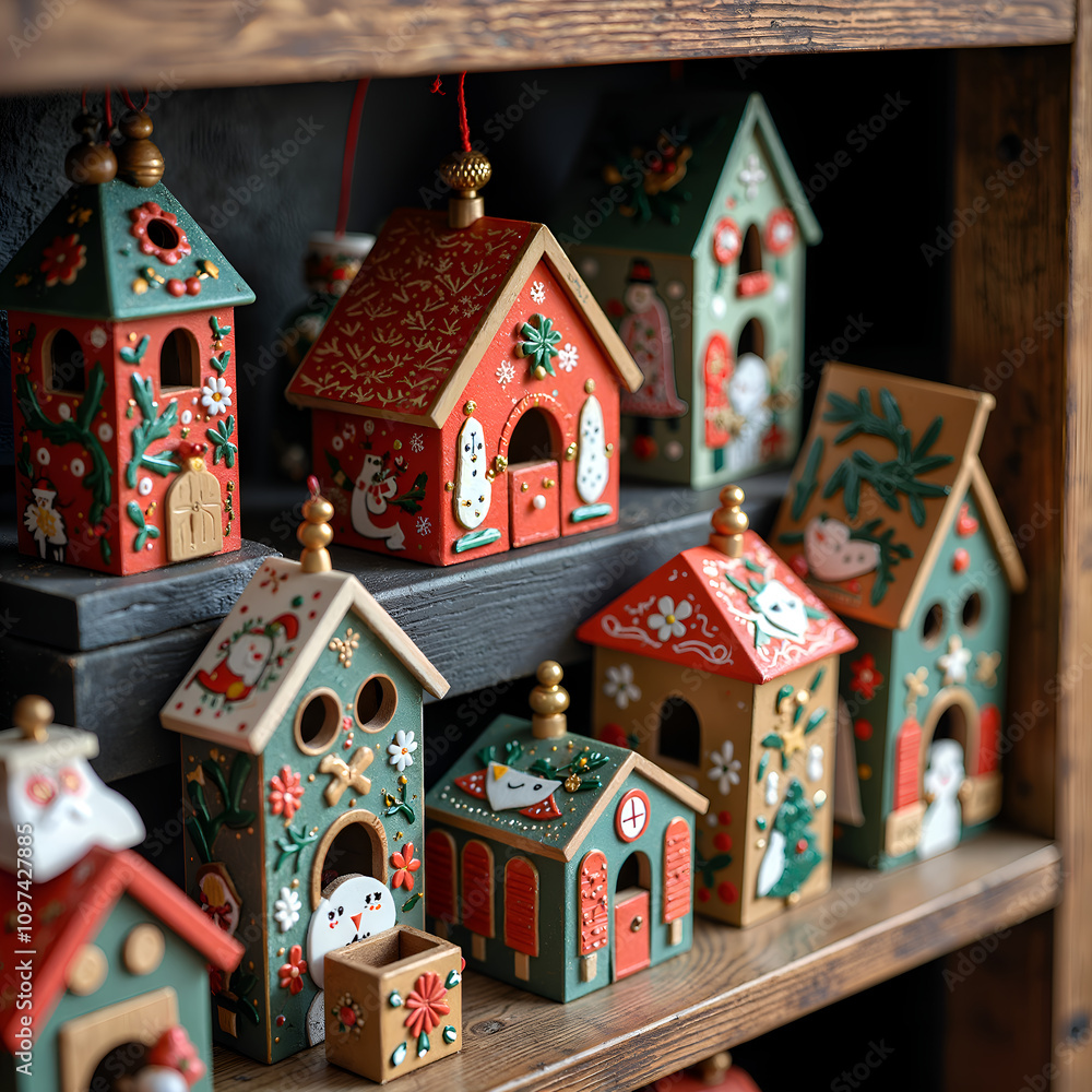 Naklejka premium Charming handcrafted village homes displayed in a cozy wooden setting, photography of still life concept.