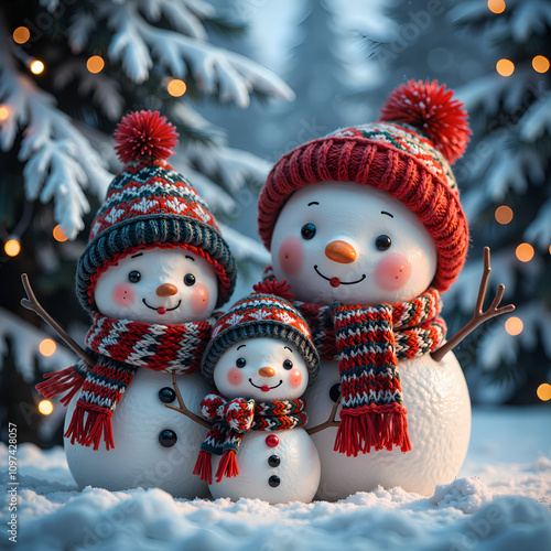 Charming snowman family embracing the joys of winter in a festive landscape, 3d rendering of character design concept.