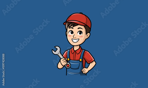 Smiling young mechanic holding a wrench in work overalls.