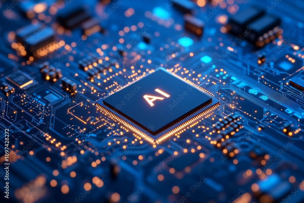 3D illustration of the chip with text AI, with a blue color scheme. The background features light gray and white waves with tech elements 3D illustration of the chip with text AI, with a blue color scheme. The background features light gray and white waves with tech elements