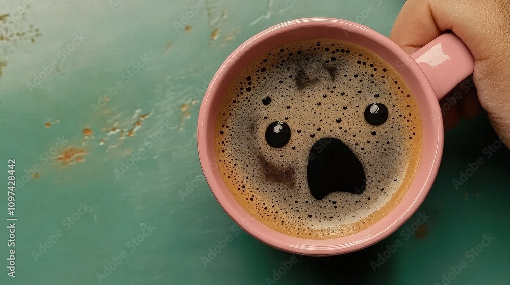 cup of black coffee in a pink mug with a few bubbles on the surface of the coffee making a face, on a clean green table hand holding the handle of mug. cup of black coffee in a pink mug with a few bubbles on the surface of the coffee making a face, on a clean green table hand holding the handle of mug.