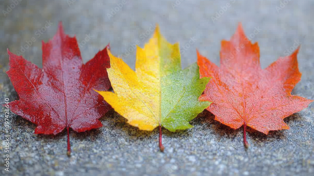 Colorful autumn leaves in red, yellow, and green on textured surface evoke beauty of fall. Their vibrant hues capture essence of season Colorful autumn leaves in red, yellow, and green on textured surface evoke beauty of fall. Their vibrant hues capture essence of season