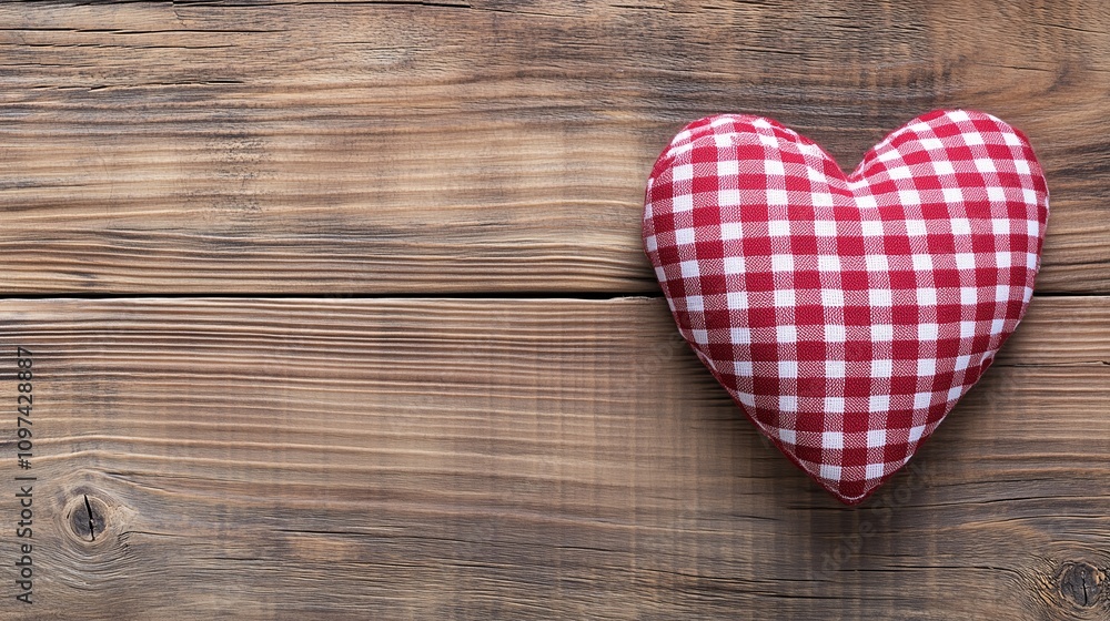 Valentine banner with heart shaped red gingham fabric pillow on wooden planks with copy space. Concept of Love, Romance and Celebration Valentine banner with heart shaped red gingham fabric pillow on wooden planks with copy space. Concept of Love, Romance and Celebration