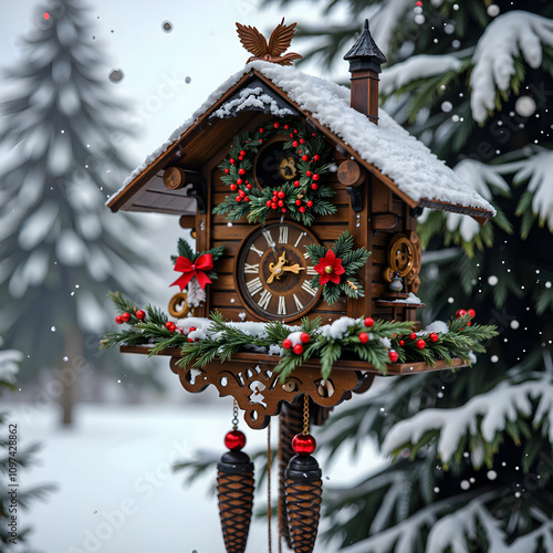 Charming wooden cuckoo clock surrounded by snowy pine trees in a winter wonderland, photography of still life concept.