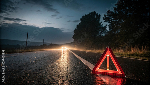 Red Emergency Triangle Reflecting in the Rain at Night.Wide-Angle Night Scene of a Red Emergency Triangle Reflecting on a Rainy Road, Conveying Urgency and Isolation