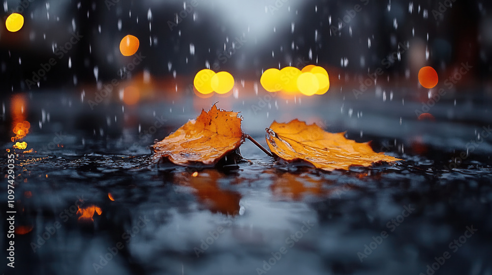 Falling leaves on wet surface with raindrops and blurred lights create serene atmosphere. vibrant colors contrast beautifully against dark background Falling leaves on wet surface with raindrops and blurred lights create serene atmosphere. vibrant colors contrast beautifully against dark background