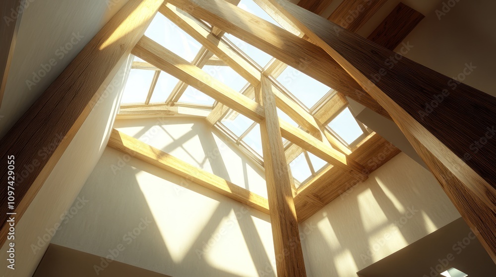 Obraz premium Bright interior with wooden beams and skylights.