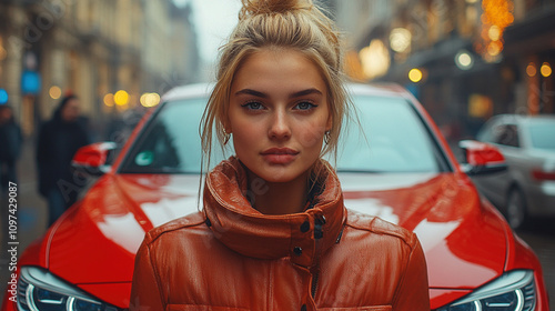 Fashionable Girl Steps Out of Vibrant Red саr