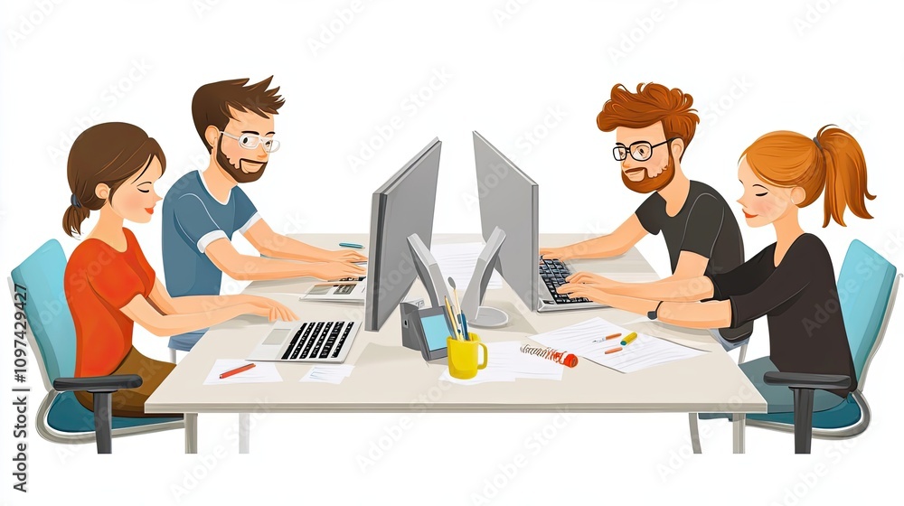 Four People Working Together at a Desk with Computers and Papers Four People Working Together at a Desk with Computers and Papers