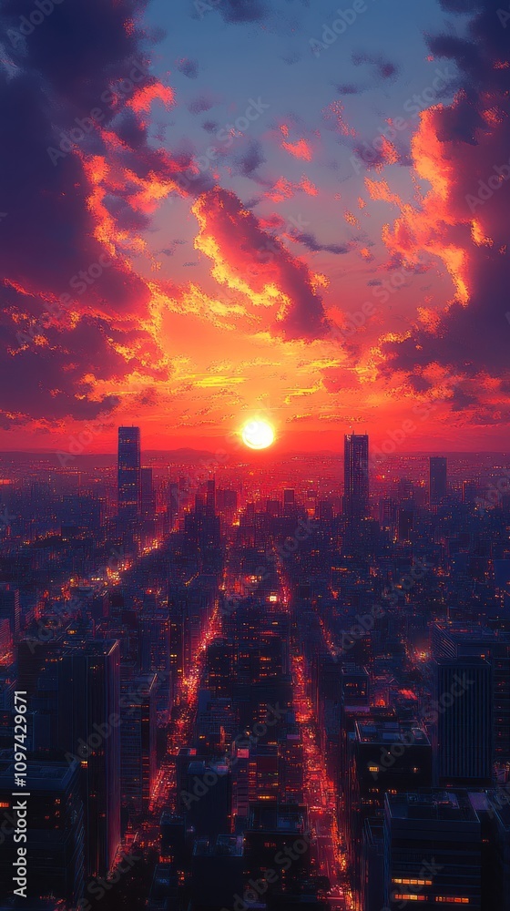 Fototapeta premium Fiery Sunset Over Illuminated City Skyline
