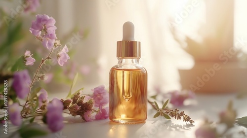 Golden Essential Oil Bottle with Flowers