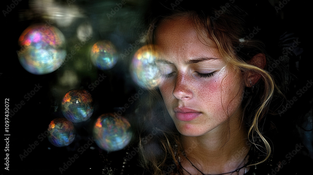 Naklejka premium young woman with closed eyes appears contemplative, surrounded by colorful bubbles. soft lighting enhances her serene expression, creating dreamy atmosphere