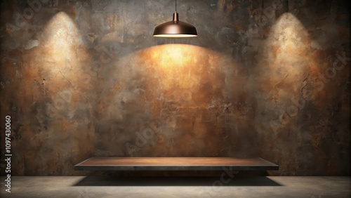 Rustic industrial background featuring a hanging pendant lamp illuminating a simple wooden shelf against a textured wall