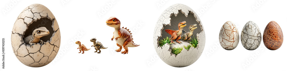 Naklejka premium dinosaur on Transparent Background concept. A series of dinosaur eggs, including a cracked egg revealing a dinosaur, alongside various decorative dinosaur-themed eggs.