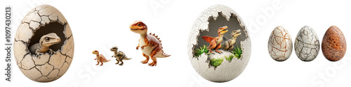 dinosaur on Transparent Background concept. A series of dinosaur eggs, including a cracked egg revealing a dinosaur, alongside various decorative dinosaur-themed eggs.