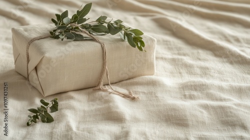 A beautifully wrapped gift with greenery on a fabric surface.