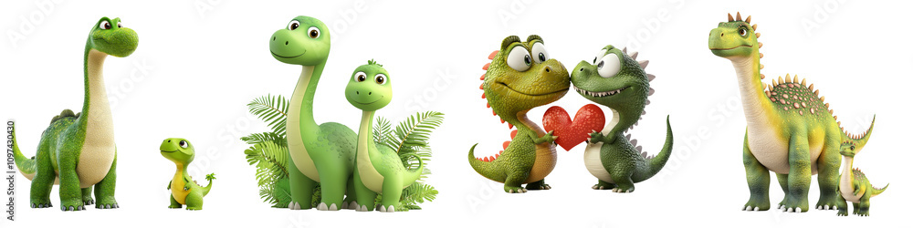 Obraz premium dinosaur on Transparent Background concept. A group of colorful cartoon dinosaurs in various poses, showcasing friendly interactions and emotions.
