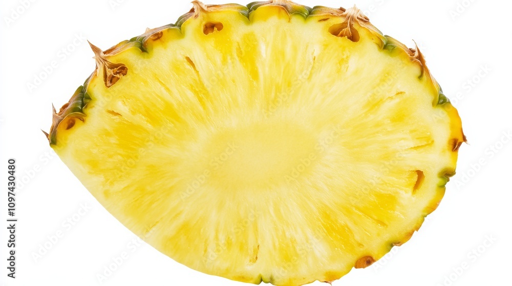 A juicy slice of pineapple with its vibrant yellow flesh and spiky skin, Each slice’s rich color and subtle imperfections captured with precision A juicy slice of pineapple with its vibrant yellow flesh and spiky skin, Each slice’s rich color and subtle imperfections captured with precision