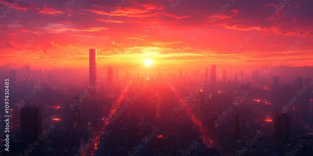 Futuristic Cityscape Sunset Vibrant Red Sky Futuristic Cityscape Sunset Vibrant Red Sky